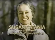 Screenshot of television ad, showing a portrait of Catania with the caption "SUSAN CATANIA – For Lt. Governor – Republican Primary March 16"