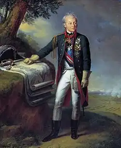 A full-length portrait of Alexander Suvorov. He is shown as a dynamic elderly man with aquiline features, windblown hair and eyebrows that are raised quizzically. He wears a military cape and clasps his sword hilt.