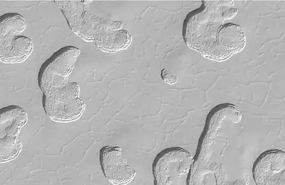 Close-up of Swiss cheese terrain, as seen by Mars Global Surveyor