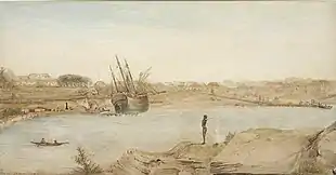 Painting by John Lewin possibly showing King George with her yards lowered undergoing hull maintenance in Sydney Cove c.1808