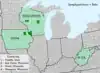 Symphyotrichum × finkii recorded occurrences: The locations are from the USDA PLANTS Database with added county information from two sources. Iowa — Fayette County; West Virginia — no county information; Wisconsin — Eau Claire, Grant, and Waupaca Counties.