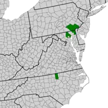 Symphyotrichum depauperatum distribution map: US — Maryland (Baltimore and Cecil Counties); North Carolina (Granville County); and, Pennsylvania (Chester, Delaware, and Lancaster Counties).