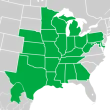 Symphyotrichum drummondii native distribution: Mexico — Coahuila; US — Alabama, Arkansas, Georgia, Illinois, Indiana, Iowa, Kansas, Kentucky, Louisiana, Maryland, Michigan, Minnesota, Mississippi, Missouri, Nebraska, Ohio, Oklahoma, Pennsylvania, Tennessee, Texas, West Virginia, and Wisconsin.