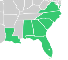 Symphyotrichum elliottii native distribution by state: US Atlantic Coastal Plain — Alabama, Florida, Georgia, Louisiana, North Carolina, South Carolina, and Virginia.