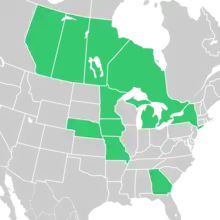 Symphyotrichum firmum native distribution: Canada — Alberta, Manitoba, Ontario, Saskatchewan; US — Georgia, Iowa, Michigan, Minnesota, Missouri, Nebraska, New York.