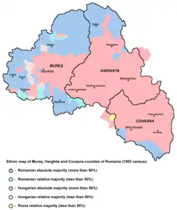 Ethnic map of Harghita, Covasna, and Mureș based on the 1992 data, showing areas with Hungarian majority