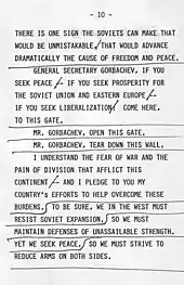 Reagan's cue card with the most famous part of the speech