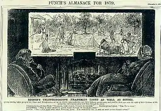 Image 46"Fiction becomes fact": Imaginary "Edison" combination videophone-television, conceptualized by George du Maurier and published in Punch magazine. The drawing also depicts then-contemporary speaking tubes, used by the parents in the foreground and their daughter on the viewing display (1878). (from History of videotelephony)