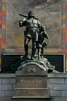 Image 22Although there is reasonable doubt whether William Tell ever lived at all, the legend itself had a great impact on the history and culture of Switzerland (statue in Altdorf) (from Culture of Switzerland)