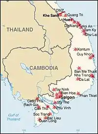 Map of South Vietnam detailing major Viet Cong targets during the 1968 Tet Offensive