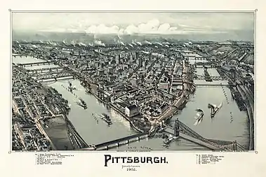 Image 7Pittsburgh, PennsylvaniaLithograph: Thaddeus Mortimer Fowler; restoration: Adam CuerdenA bird's eye view of Pittsburgh, Pennsylvania, in a 1902 lithograph by Thaddeus Mortimer Fowler. At this point in its history, Pittsburgh was an industrial and commercial powerhouse, with extensive railroad connections to the rest of the United States. Together with the rest of Allegheny County, it produced massive amounts of steel and steel products: by 1911 they reached 24% of the national output of pig iron, 34% of Bessemer steel, 44% of open hearth steel, 53% of crucible steel, 24% of steel rail, and 59% of structural shape.More selected pictures