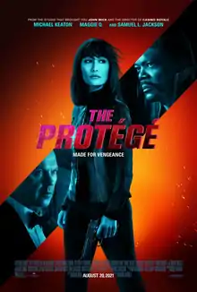 "Theatrical release poster": A diagonal line features the faces of two men. In the middle of the poster itself is a woman, holding a gun. In front of her are the words "The Protégé" and the tagline "Made for vengeance".