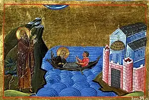 Basilica church of the Monastery of Stoudios, Constantinple, 5th century, as depicted in the Menologion of Basil II, c. 1000.