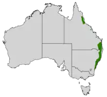 Map of Australia with green range marked down most of the eastern coast of New South Wales, and some disjoint areas on the coast of Queensland.