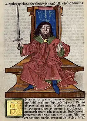 Chronica Hungarorum, Thuróczy chronicle, Árpád, Grand Prince of the Hungarians, sword, throne, medieval, Hungarian chronicle, book, illustration, history