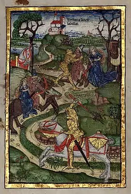 Chronica Hungarorum, Thuróczy chronicle, King Saint Ladislaus of Hungary, Cuman, chasing, horse, duel, axe, fight, girl kidnapping, medieval, Hungarian chronicle, book, illustration, history