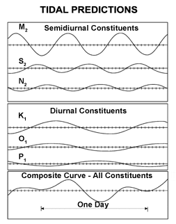 Graph showing one line each for M 2, S 2, N 2, K 1, O 1, P 1, and one for their summation, with the X axis spanning slightly more than a single day