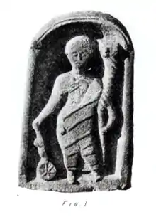 Statuette of the Roman god Fortuna, with gubernaculum (ship's rudder), Rota Fortunae (wheel of fortune) and cornucopia (horn of plenty) found near the altar at Castlecary in 1771.