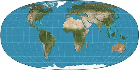 Image 1Tobler hyperelliptical projectionMap: Strebe, using GeocartThe Tobler hyperelliptical projection is a family of equal-area pseudocylindrical map projections first described by Waldo R. Tobler in 1973. The imagery used for the map is derived from NASA's Blue Marble summer months composite, with oceans lightened to enhance legibility and contrast.More selected pictures