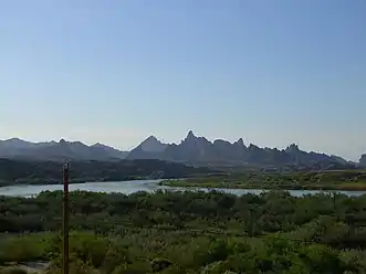 View of a wide river flowing through a forested area, with jagged mountains in the background