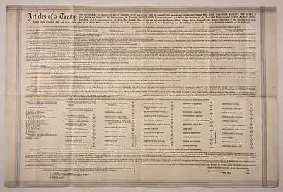 A large piece of parchment paper on which is written the terms of Treaty 7.