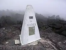 Border stone on the tripoint of Venezuela (foreground), Brazil, and Guyana located on Mount Roraima