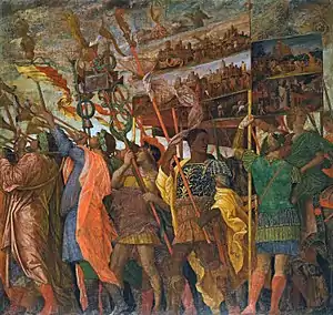 A tabula ansata carried on a stick – Triumphs of Caesar by Andrea Mantegna