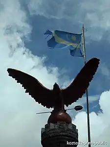 Turul statue near at the peak of the Madarasi-Hargita (Harghita-Mădăraș), the holy mountain of the Székelys (1801 m) in Transylvania, Romania (2014)