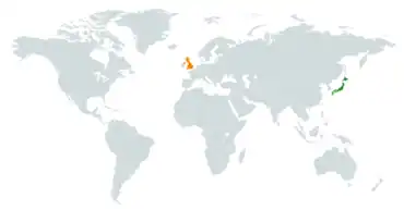 Map indicating locations of Japan and United Kingdom