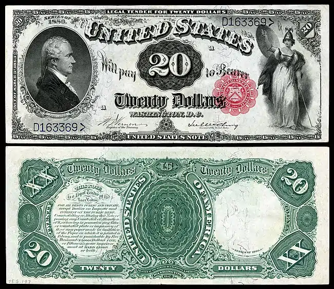 1880 $20 Legal Tender depicting Alexander Hamilton