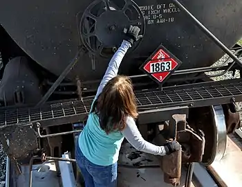 Type E double-shelf coupler on a tank car.  The double shelf holds the pair of couplers in place in a derailment, which reduces the chance of the coupler puncturing the tank.