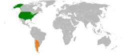 Map indicating locations of USA and Argentina