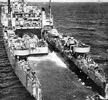 USS Casa Grande (LSD-13) discharging LCU-1491 from her well deck, circa 1957