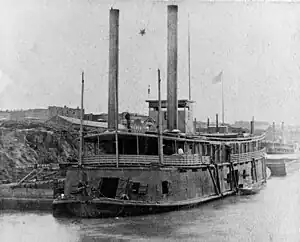 Photo shows a mid-19th century river steamboat converted to a warship.