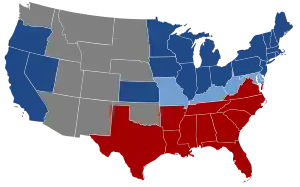 Map of the division of the states in the American Civil War (1861–1865). .mw-parser-output .legend{page-break-inside:avoid;break-inside:avoid-column}.mw-parser-output .legend-color{display:inline-block;min-width:1.25em;height:1.25em;line-height:1.25;margin:1px 0;text-align:center;border:1px solid black;background-color:transparent;color:black}.mw-parser-output .legend-text{}  Northern free states loyal to the United States .mw-parser-output .legend{page-break-inside:avoid;break-inside:avoid-column}.mw-parser-output .legend-color{display:inline-block;min-width:1.25em;height:1.25em;line-height:1.25;margin:1px 0;text-align:center;border:1px solid black;background-color:transparent;color:black}.mw-parser-output .legend-text{}  Southern slave states which seceded and formed the Confederacy.mw-parser-output .legend{page-break-inside:avoid;break-inside:avoid-column}.mw-parser-output .legend-color{display:inline-block;min-width:1.25em;height:1.25em;line-height:1.25;margin:1px 0;text-align:center;border:1px solid black;background-color:transparent;color:black}.mw-parser-output .legend-text{}  Southern slave states which remained in the Union (border states), though Missouri and Kentucky both had dual competing Confederate and Unionist governments, and West Virginia.mw-parser-output .legend{page-break-inside:avoid;break-inside:avoid-column}.mw-parser-output .legend-color{display:inline-block;min-width:1.25em;height:1.25em;line-height:1.25;margin:1px 0;text-align:center;border:1px solid black;background-color:transparent;color:black}.mw-parser-output .legend-text{}  U.S. territories, with the exception of the Indian Territory (later Oklahoma)