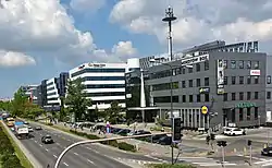 The office buildings as Wołoska Street, in area known informally as Mordor, in the city of Warsaw, in 2019.