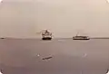 The SS Naushon passing the MV Uncatena in Nantucket harbor, September 1979.