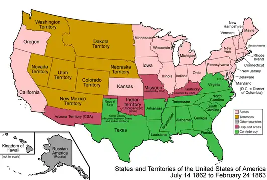 An enlargeable map of the United States after the creation of the Confederate Territory of Arizona on February 24, 1862.