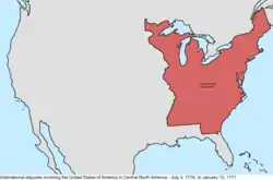 Map of the international disputes involving the United States in central North America from July 4, 1776, to January 15, 1777