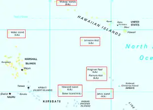 Locations of the United States Minor Outlying Islands in the Pacific Ocean; Navassa Island is not located on this map.