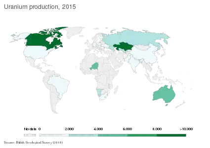 Uranium production 2015, in tonnes