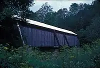 Side view of the Van Tran Flat Covered Bridge, taken from the bank of the Willowemoc Creek.