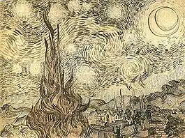 A drawing of a landscape in which the starry night sky takes up two-thirds of the picture. In the left foreground a cypress tree extends from the bottom to the top of the picture. To the left, village houses and a church with a tall steeple are clustered at the foot of a mountain range. In the upper right is a crescent moon surrounded by a halo of light. There are many bright stars large and small, each surrounded by swirling halos. Across the centre of the sky the Milky Way is represented as a double swirling vortex