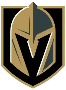 A Black and gold shield and white borders. Inside the shield, a Golden barbute helmet with a V-shaped opening.