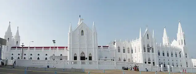 Velankanni Basilica - a panoramic side view - church and church extension seen at a stretch