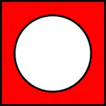 An unfilled circle inside a square. The area inside the square not covered by the circle is filled with red. The borders of both the circle and the square are black.