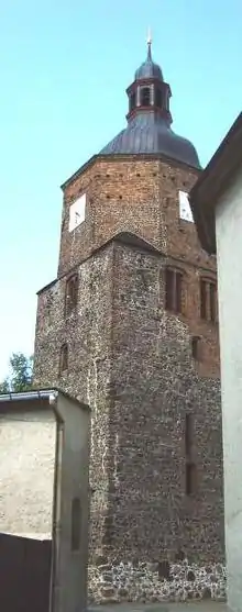 A multi-sided bell roof on the tower of the Wendish-German double church in Germany