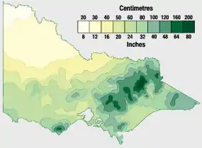 Average yearly precipitation: Victoria's rainfall is concentrated in the mountainous north-east and coast.