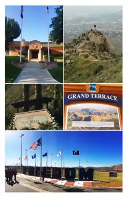 City of Grand Terrace images from top, left to right - Grand Terrace City Hall, Blue Mountain Trail, Northeast City Entrance, Historical Plaque, Veterans Wall of Freedom