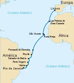 Route of the first to cross the South Atlantic Ocean by air